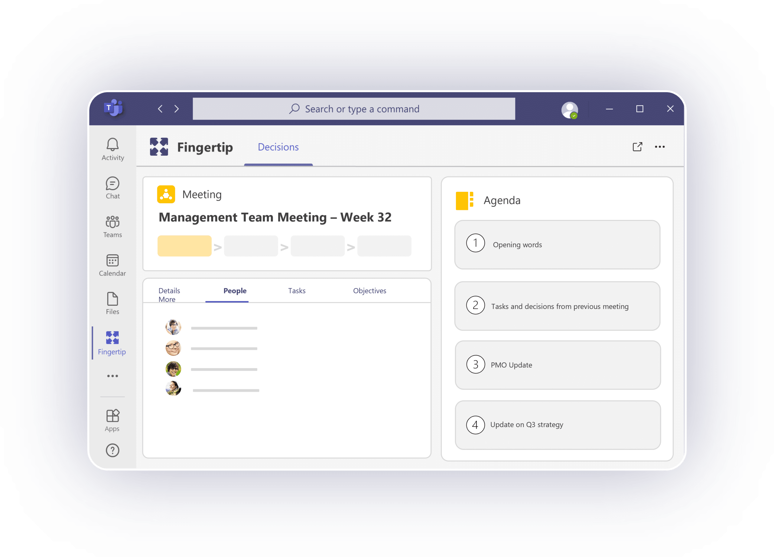 User interface mockup for meetings in Fingertip
